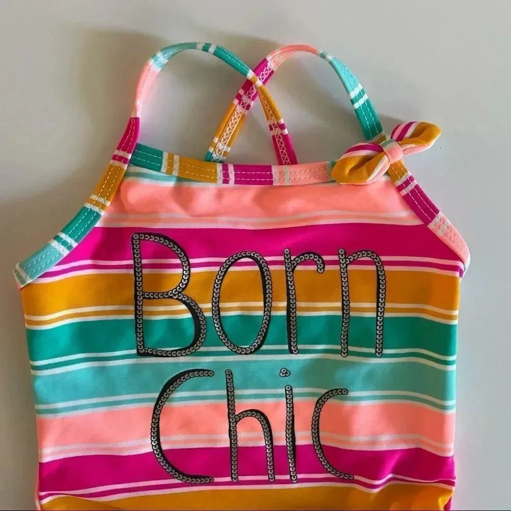 Koala Kids multi color bathing suit w/ “Born Chic” wording